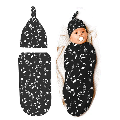 Tebjh Music Black Baby Stuff Swaddle Blanket Soft and Stretchy Newborn Swaddle Blankets Sack Receiving Blanket with Beanie Hat Gift for Girls and Boys Infant