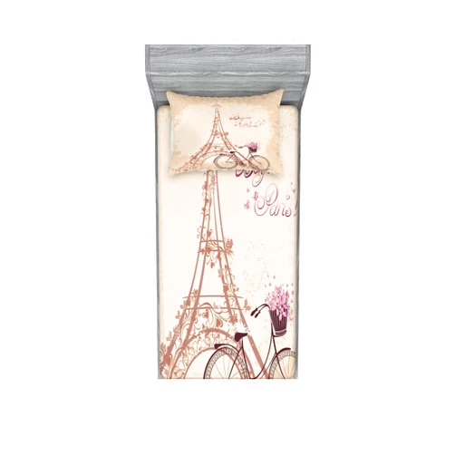 Lunarable Paris Fitted Sheet & Pillow Sham Set, Bonjour France Eiffel Tower and Vintage Bicycle Flowers Retro Soft Color Print, Decorative Printed 2 Piece Bedding Decor Set, Twin, Cream Pink