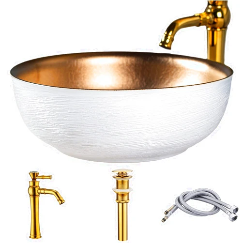 Jdzlanwtart Modern White Ceramic Bathroom Vessel Sink with Gold Faucet and Pop Up Drain Combo