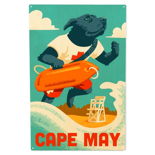 Lantern Press 10x15 Inch Wood Sign, Ready to Hang Wall Decor, Cape May Point, New Jersey, Black Lab Lifeguard