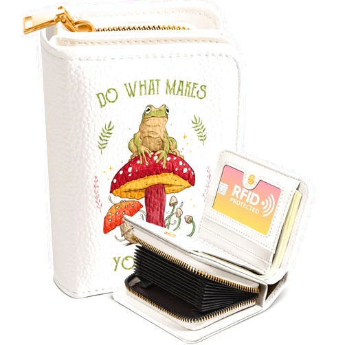 Bistup Credit Card Holder Wallet for Women - Cute Leather Ladies Teen Girls Female Cardholder Wallets Accordion Purse Small Medium Aesthetic Print Frog Mushroom Unique Modern Rfid Zipper Around