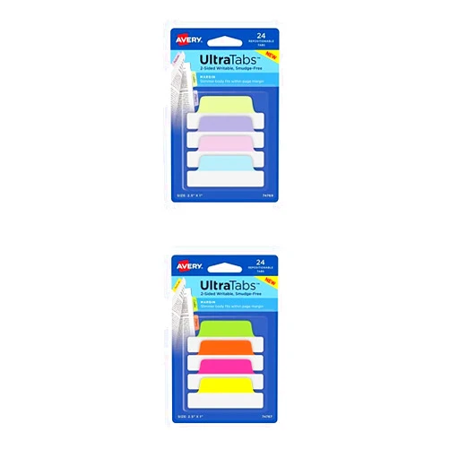 Avery Ultra Tabs, 2.5 x 1 Inch, 2-Side Writable, Pastel Blue/Pink/Purple/Green + Pink/Green/Orange