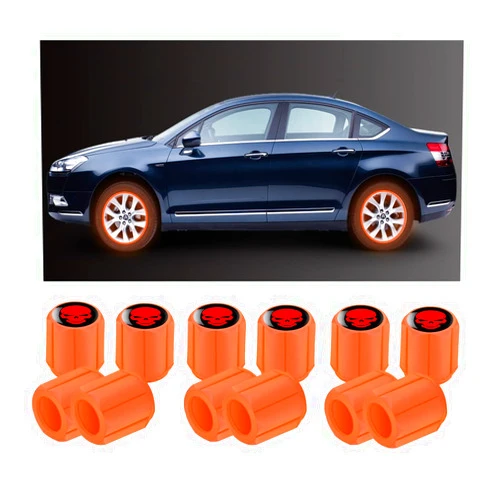 Ziciner 12PCS Luminous Tire Valve Stem Caps for Car, Fluorescent Wheel Valve Cover in The Dark, Anti-Air Leakage Air Caps Cover, Universal Accessories for Car, Truck, SUV, Motorcycles (Orange Skull)