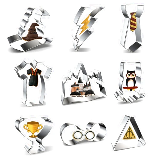 Xzhloym Witchcraft and Wizardry Cookie Cutters Set 9-Piece Halloween Witch and Wizard Cookie Cutter with Witch's Hat, Glasses, Lightning Bolt, Owl, Magic Castle, Triangle, Goblet of Fire Cup, Robe and Tie