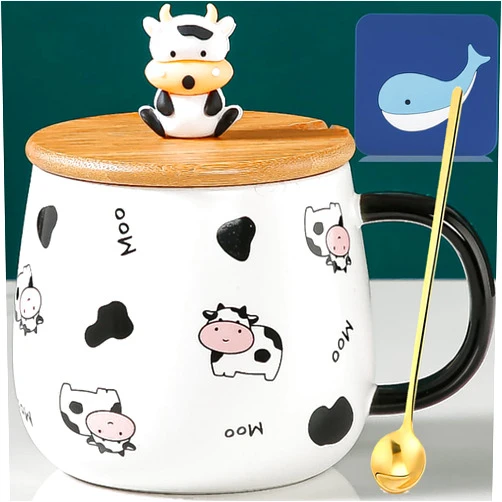 Arawat 400ml Porcelain Cow Print Mug with Lid - Funny Cow Coffee Cup, Microwave Safe, Leak Proof, Dishwasher Safe, BPA Free, Reusable, Birthday Gift for Women Girls Cow Lovers