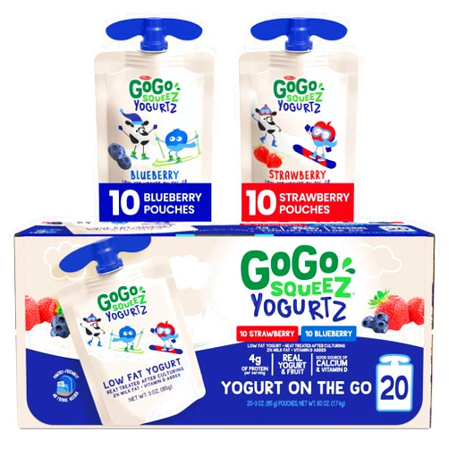 GoGo squeeZ yogurtZ Variety Pack, Blueberry, Strawberry 3 oz (20 Pouches) - Kids Snacks Made from Real Yogurt & Fruit - Pantry Friendly - No Fridge Needed - No Preservatives - Kosher - Gluten Free