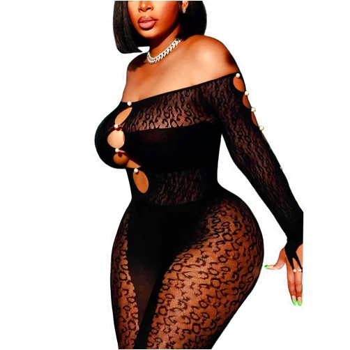Avidlove Women Lingeries Long Sleeve Fishnet Body Stocking Leopard Sexy Outfit Rhinestone Body Suits Cut Out Jumpsuit