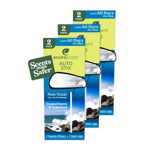 Enviroscent Non-Toxic Car Air Freshener (Coastal Storm & Teakwood) Natural Car Air Freshener | Essential Oil Diffuser | Car Scent Lasting Over 180 Days | 3 Packs of 2 Hanging Auto Stix