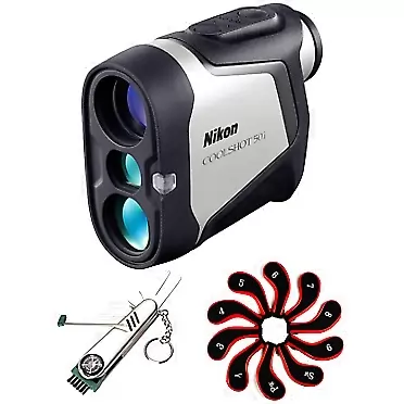 Nikon 16760 COOLSHOT 50i Golf Rangefinder with OLED Display & Built-in Mounting Magnet Bundle with Steel 7-in-1 Multi-Function Golf Tool and Neoprene Zippered Headcover for Golf Club Iron Head