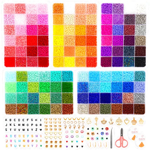 QUEFE 36000pcs 120 Colors Glass Seed Beads for Jewelry Making, 3mm Little Beads with Accessories Charms and Pendants Kit for Bracelets Rings Necklaces Making, DIY, Gift, Craft