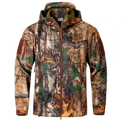 NAVEKULL Silent Hunting Clothes for Men Soft Shell Outdoor Hiking Jacket Camo Water Resistant Fleece Hooded Coat with Pockets