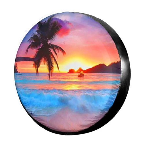 KiuLoam Ocean Sunrise Tropical Palm Tree Spare Tire Cover Polyester Universal Sunscreen Waterproof Wheel Covers for Trailer Rv SUV Truck and Many Vehicles (17