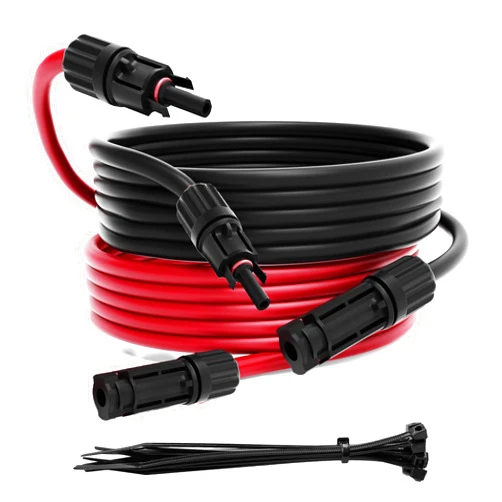 SJZ SUN RUN Solar Extension Cable 10 Gauge Solar Panels Wire 100Ft 10AWG (6mm²) PV Wire Tinned Copper Wire with 2 Pairs Solar Connectors for Outdoor Automotive, Marine, (100Ft Black& 100Ft Red)
