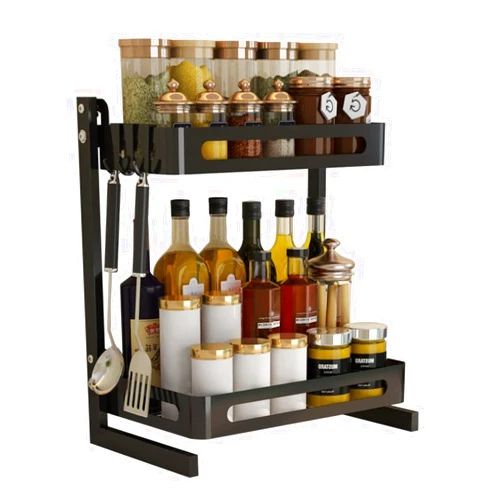 RUVOO Spice Organizer Spice Rack Stainless Steel Kitchen Spice Rack Utensil Holder Countertop Shelf Organizer for Jars Bottles Spice Shelf Spice Rack Organizer (Color : Black, Size : 2 Tier)