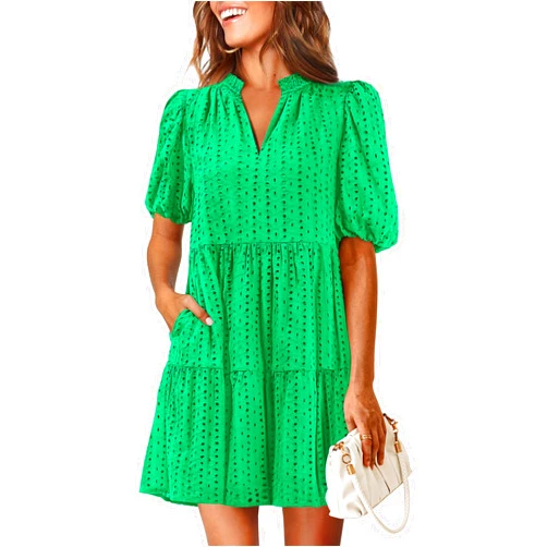 KIRUNDO Eyelet Summer Dresses for Women Mini Casual Hollow Out Short Sleeve Lace Tiered V Neck Shift Dress with Pockets