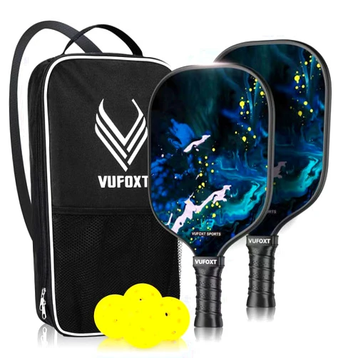 VUFOXT Pickleball Paddles Set of 2, USAPA Approved 99.99% Carbon Fiber Surface Pickleball Sets PP Honeycomb Core Pickleball Rackets, Lightweight Paddles with 4 Balls 1 Bag for Beginners Medium (Blue Waves)