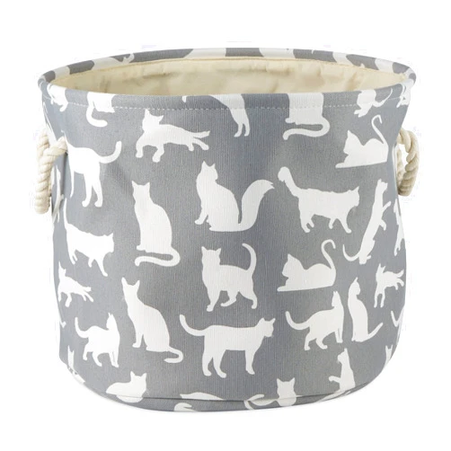 Bone Dry Pet Storage Collection Collapsible Bin with Soft Rope Handles, Small Round, 9x12, Gray Cat's Meow Print