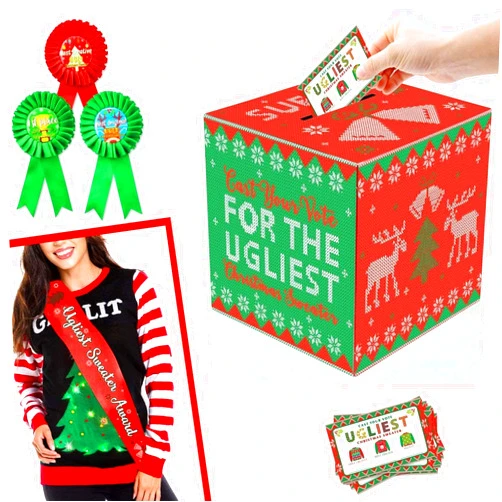 Yaaaaasss! Ugly Sweater Contest Ballot Box,50 Voting Cards,3 Award Ribbons, and 1 Ugliest Sweater Award Sash for Ugly Sweater Christmas Holiday Party Supplies