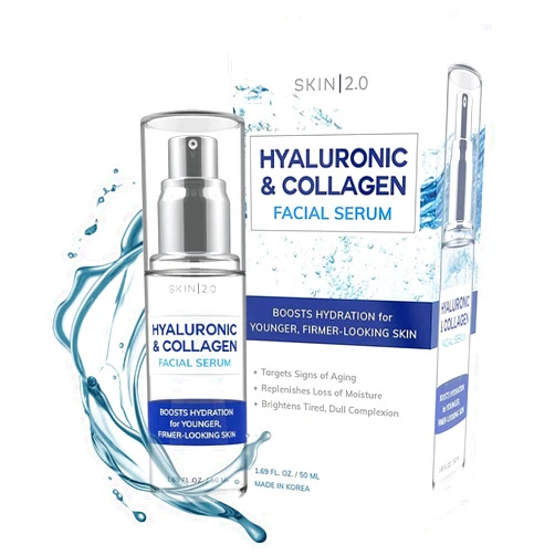 Skin 2.0 Hyaluronic Acid and Collagen Face Serum - Dermatologist Tested - Locks in Moisture, Skin Tightening, Anti-aging, Hydrating Facial Serum - Korean Skin Care - All Skin Types - 1.69 Fl. oz