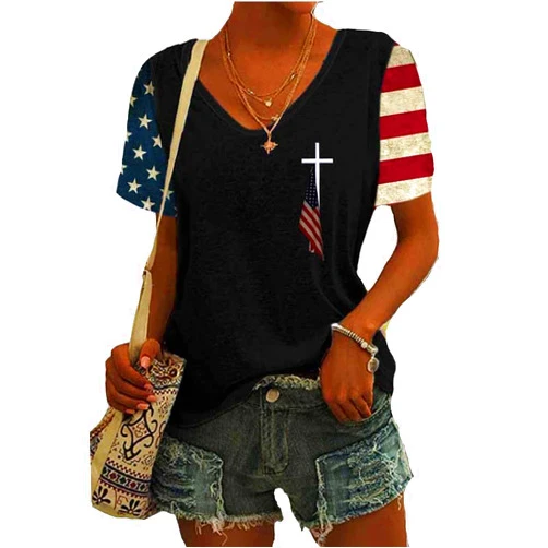 Generic USA Flag Cross Shirt Vintage Cross T Shirt Christian Shirt 4Th of July T-Shirts for Women, PT