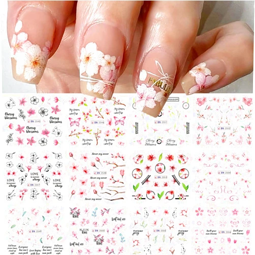 KOLONAMS Cherry Blossoms Nail Art Stickers Spring Water Transfer Nail Decals Summer Nail Art Decoration Pink Sakura Plum Blossom Leaves Butterfly Design Slider Nail Stickers for Women DIY Supplies 12 Sheets