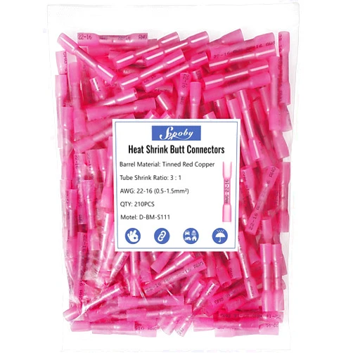 Sopoby Heat Shrink Butt Wire Connectors, Sopoby 210Pcs 22-16 AWG Red Insulated Waterproof Electrical Wire Connectors Automotive Marine Grade Wire Crimp Terminals Butt Splices, Ideal for Boat, Truck, Red
