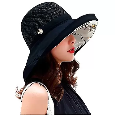 MIFULGOO Women Mesh Sun Hats Summer Beach UV Protection UPF Packable Wide Brim Chin Strap Black
