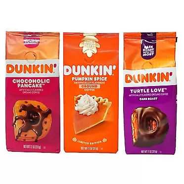 Dunkin' Donuts Dunkin Limited Edition Ground coffee Variety Pack - Pumpkin Spice, Chocoholic Pancake, and Turtle Love - 11 oz Per Bag - 33 oz Total - Dunkin Donuts Coffee Variety Pack