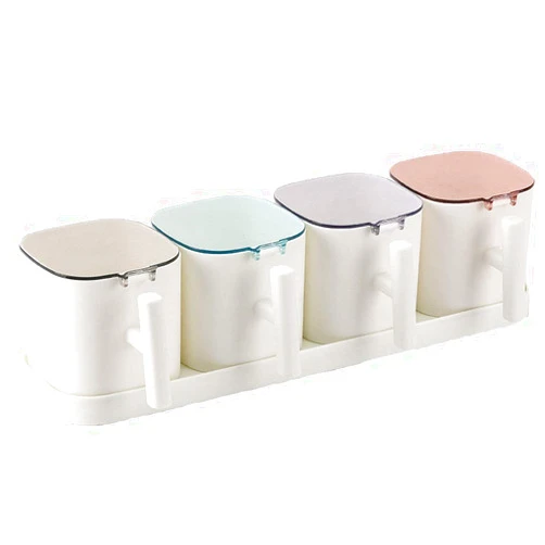 FWEHIO Kitchen Seasoning Box Spice Jar Set Container Condiment Cruet with Cover and Serving Spoon for Kitchen Storage (White, 4)