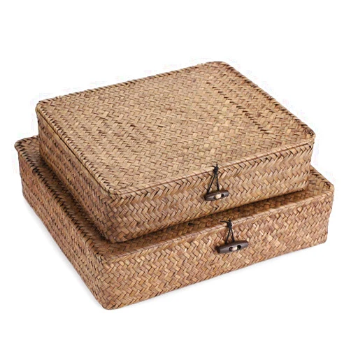 Hipiwe Set of 2 Flat Woven Wicker Storage Bins with Lid Natural Seagrass Basket Multipurpose Home Boxes for Shelf Organizer (Coffee)