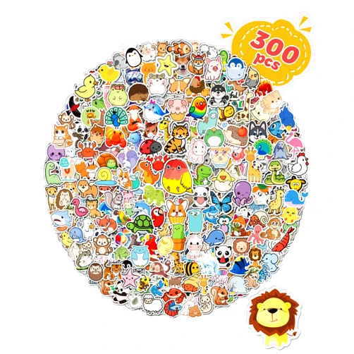 Greingways 300 Pcs Animal Stickers for Kids, Cute Water Bottle Stickers Vinyl Waterproof Laptop Stickers for Classroom School Students Gifts Teachers Supplies Party Favors Prizes for Kids Teens Girls