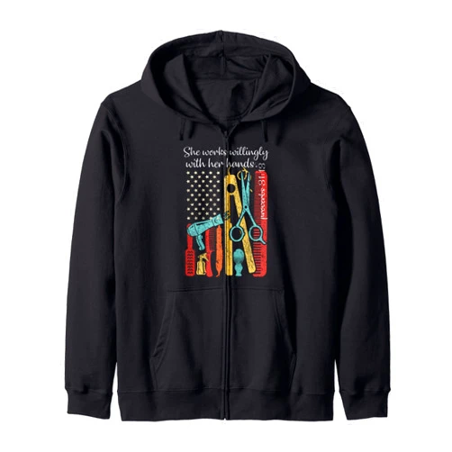 AMZHAIR Hairdresser she works willingly with her hands american flag Zip Hoodie