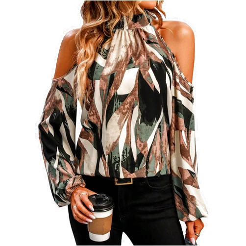 GORGLITTER Women's Cold Shoulder Long Sleeve Halter Tops Blouse Trendy Dressy Casual Fall Boho Colorful Blouses Shirt