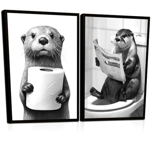 RVRBKTS Framed Funny Bathroom Wall Art Otter Canvas Prints Black and White Animal Posters Cute Toilet Humor Pictures Gallery Style Wall Decor Home Guest Bath 12x16 inch Ready to Hang