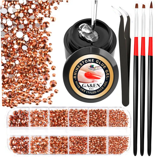 GA&EN Nail Art 1PC 8ml WIPE-OFF Rhinestone Glue Gel Adhesive + 1 Box 2-5mm Flat Back Round Glass Rose Gold Rhinestones + 3PCS Glue Brush + 1PC Tweezer