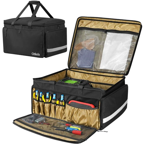 ORKELS RC Storage Bag for 1/8, 1/10 Cars, Protective Carry Case with Bottom Clapboard Compatible with Traxxas Car, Multi-Pockets for Tools & Accessories