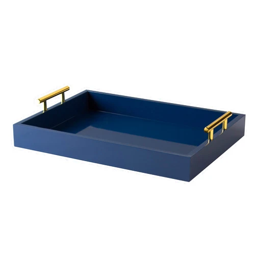 Kate and Laurel Lipton Decorative Tray with Polished Metal Handles, Navy Blue and Gold