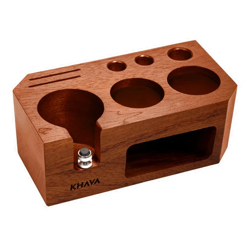 KHAVA Espresso Tamping Station | Wooden Coffee Tamper Station 58 mm | Espresso Organizer & Portafilter Holder | Coffee Station Organizer for Countertop | Espresso Accessories for Coffee Bar, Brown