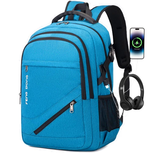 FENGDONG 17.3 inch Large Laptop Backpack Durable Waterproof Travel College Backpack Bookbag for Men & Women Business Backpack with USB Charging Port and Headset Port Light Teal