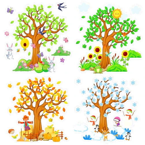 Teling 239 Pcs Season Tree Classroom Bulletin Board Decor Spring Summer Autumn Winter Cutouts Border Set Four Seasons Bulletin Board Decorations with 200 Dots for Elementary School Home Chalkboard