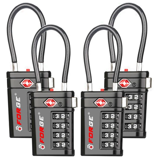 Forge TSA Approved Luggage Locks 4 Digit Combination TSA Travel Locks with TSA008, Open Alert Indicator, Zinc Alloy Body for Luggage, Suitcase, Backpack, and More. Black 4 Locks.