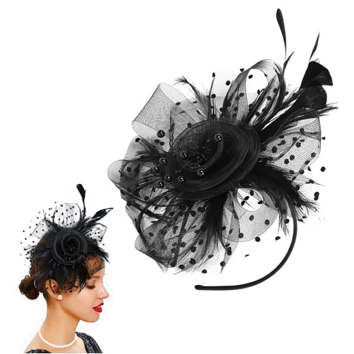 AEGYPIUS Fascinator Headband for Women | Black Fascinator | 80's Party Lace Headband | Flower Mesh Feathers Headwear - Perfect for Tea Parties and Formal Events | Black Feathered Headband | For Women