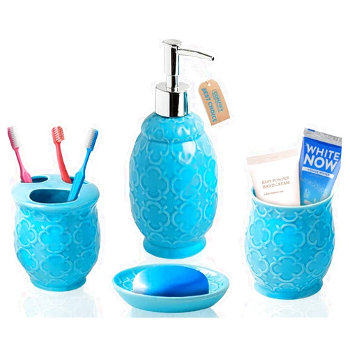 Comfify 4-Piece Bathroom Accessory Set - Ceramic Bath Set with Blue Glossy Finish - Modern Vanity Accessories Including Soap Dish, Tumbler, and Toothbrush Holder