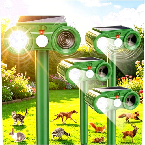 CXIENAOY 4 Pack Solar Ultrasonic Animal Repeller Outdoor with Motion Sensor & Flashing Light - Waterproof Animal Deterrent Devices for Cats, Deer, Squirrels, Dogs, Raccoons,Skunks, Rabbits in Garden Yard Lawn