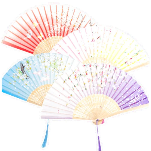 Fumwase 4 Pcs Handheld Folding Fan Small Chinese Silk Fan with Tassel Floral Manual Fan with Bamboo Ribs Accordion Fan Handheld Bulk for Women and Men Music Festival Dance Party Decoration