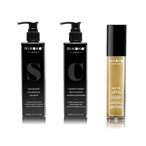 Rikoko LOCK Coconut Shampoo Bundle with Coconut Conditioner and PRISM Gold Pigmented Leave in Conditioner