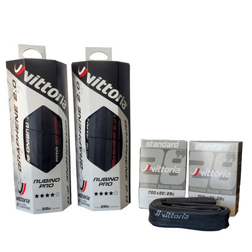 Vittoria Rubino Pro IV Graphene 2.0 Tire Set with Inner Tubes - Includes 2 Performance Road Bike Tires (28-622) Plus 2 Standard Tubes (700X20/28 48mm)- Foldable Bicycle Tire Set (Full Black)