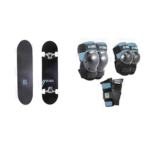 80Six Adult and Youth Skateboard with Pad Set with Wristguards, Elbow Pads, and Knee Pads for Kids, Stone Blue, Small/Medium-Ages 8+