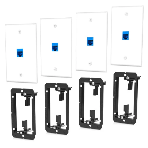 ANONION 4 Pack Ethernet Wall Plate 1 Port Keystone Jack Blue Cat6 RJ45 Coupler Outlet Connector with Single Gang Low Voltage Mounting Bracket