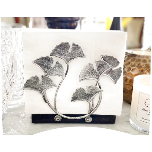 Chez JuJu Silver Ginkgo Vertical Napkin Holder | Contemporary Modern Design | Disposable Paper Hand Towel Tray Caddy | Bathroom Kitchen Dining Restaurant Wedding Party Office | Indoor Outdoor Décor